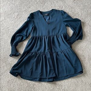 Blue Teal Mini Dress with V-Neck and Bishop Sleeves